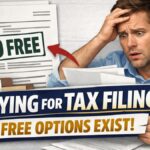 Generate a high-CTR YouTube thumbnail (size 1200x675) in a clean, bold BREAKING NEWS paper-cut newspaper style. Use the provided reference image (gettyimages-2147889016.avif) as the main visual inspiration — incorporate a similar government/IRS/taxpayer filing scene with a worried taxpayer expression and official-looking documents. Add layered paper-cut headline strips with subtle shadows for depth. Main headline (big, bold, uppercase, high contrast, white/yellow text on dark blue or black background — NOT too much red): “PAYING FOR TAX FILING?!” Secondary shocking hook in slightly smaller bold font: “FREE OPTIONS EXIST!” Add visual elements: * IRS-style document mockup with large “$0 FREE” stamp in bold. * Subtle arrow pointing from “Paid Filing” to “FREE”. * Clean cutout effect around subject. * Small shocked face reaction circle for extra clickbait. * Light newsroom texture background (no heavy red, avoid too much red overall). * High contrast, sharp, modern typography. * Make it look urgent but professional, like a financial news alert. Ensure: * Clear readability on mobile. * Strong contrast. * Minimal clutter. * Realistic lighting and shadows. * Eye-catching but clean composition. * 16:9 ratio, 1200x675 resolution. * Designed to maximize CTR.