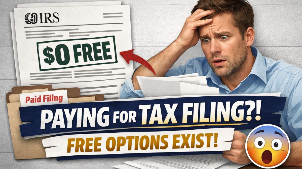 Generate a high-CTR YouTube thumbnail (size 1200x675) in a clean, bold BREAKING NEWS paper-cut newspaper style. Use the provided reference image (gettyimages-2147889016.avif) as the main visual inspiration — incorporate a similar government/IRS/taxpayer filing scene with a worried taxpayer expression and official-looking documents. Add layered paper-cut headline strips with subtle shadows for depth. Main headline (big, bold, uppercase, high contrast, white/yellow text on dark blue or black background — NOT too much red): “PAYING FOR TAX FILING?!” Secondary shocking hook in slightly smaller bold font: “FREE OPTIONS EXIST!” Add visual elements: * IRS-style document mockup with large “$0 FREE” stamp in bold. * Subtle arrow pointing from “Paid Filing” to “FREE”. * Clean cutout effect around subject. * Small shocked face reaction circle for extra clickbait. * Light newsroom texture background (no heavy red, avoid too much red overall). * High contrast, sharp, modern typography. * Make it look urgent but professional, like a financial news alert. Ensure: * Clear readability on mobile. * Strong contrast. * Minimal clutter. * Realistic lighting and shadows. * Eye-catching but clean composition. * 16:9 ratio, 1200x675 resolution. * Designed to maximize CTR.